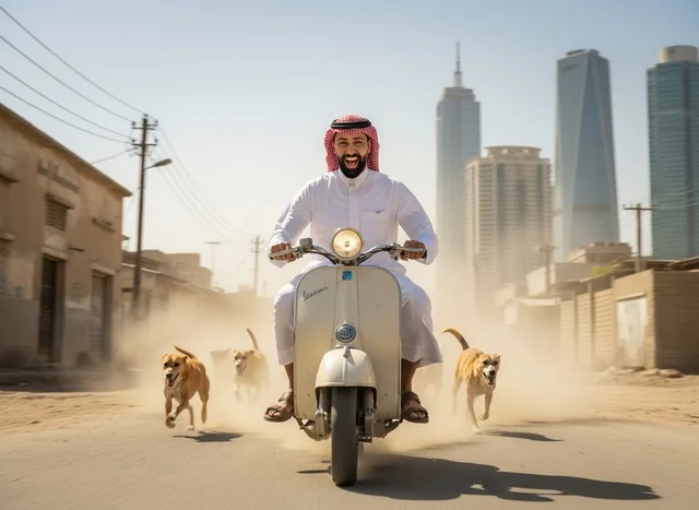 Saudi Man Riding Scooter with Dogs in City Skyline