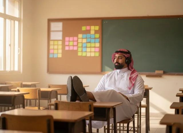 Saudi Man with Headphones Relaxing in Empty Classroom