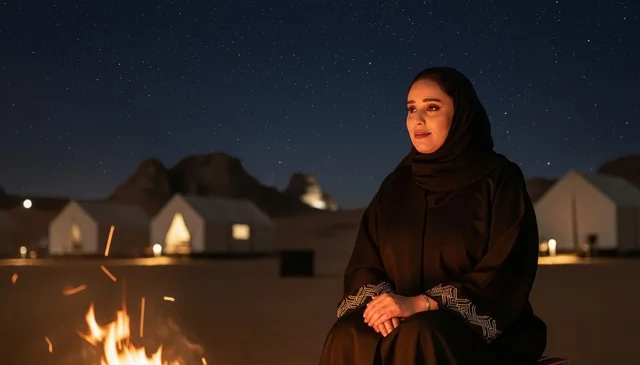امرأة سعودية في مخيم صحراوي ليلاً تحت النجوم