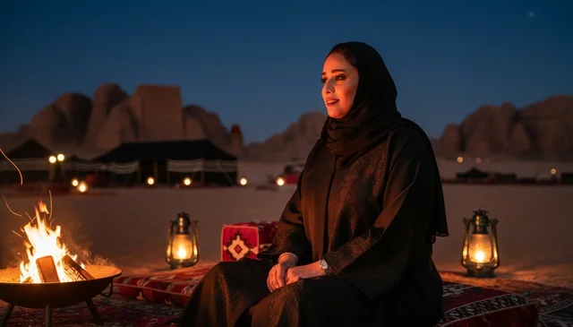 امرأة سعودية بالعباءة تجلس بجانب نار المخيم في الصحراء