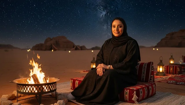 امرأة عربية تجلس بجانب نار المخيم في الصحراء ليلاً