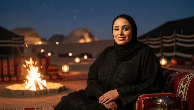 امرأة سعودية بالعباءة السوداء في مخيم صحراوي ليلاً