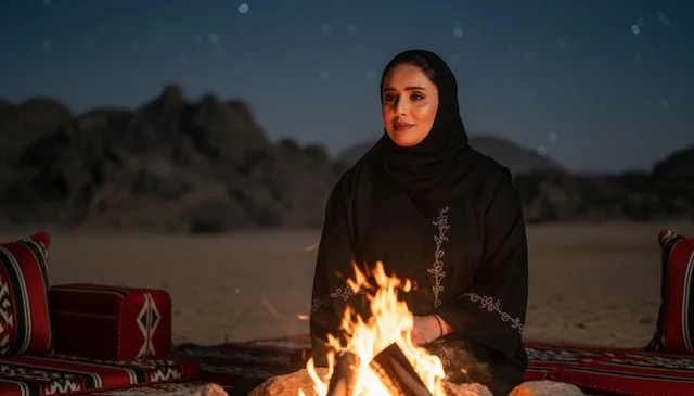 امرأة سعودية بالعباءة بجانب نار المخيم في الصحراء ليلاً