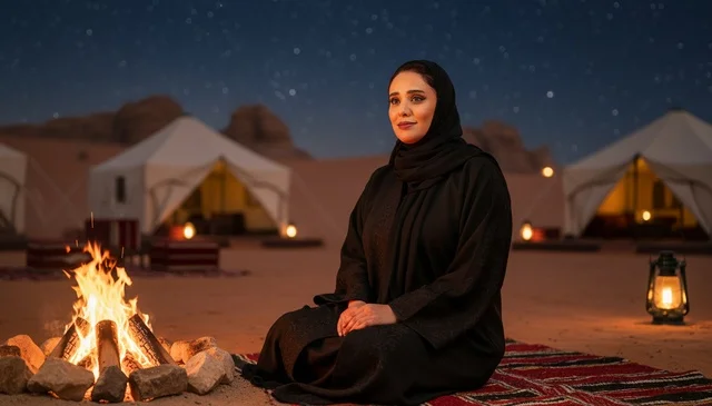 امرأة سعودية بجانب موقد النار في مخيم صحراوي ليلاً