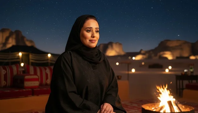 امرأة سعودية بالعباءة بجانب نار المخيم في الصحراء