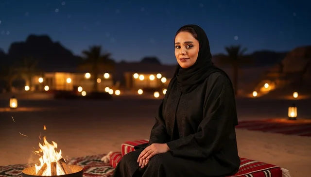 امرأة سعودية في مخيم صحراوي بجانب موقد النار