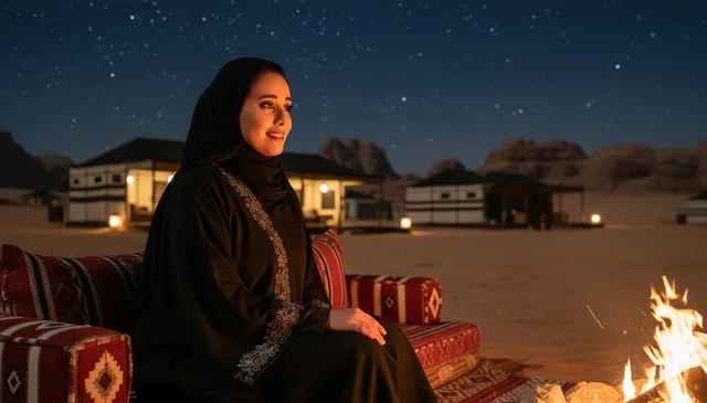امرأة سعودية بجانب شبة نار في الصحراء ليلاً