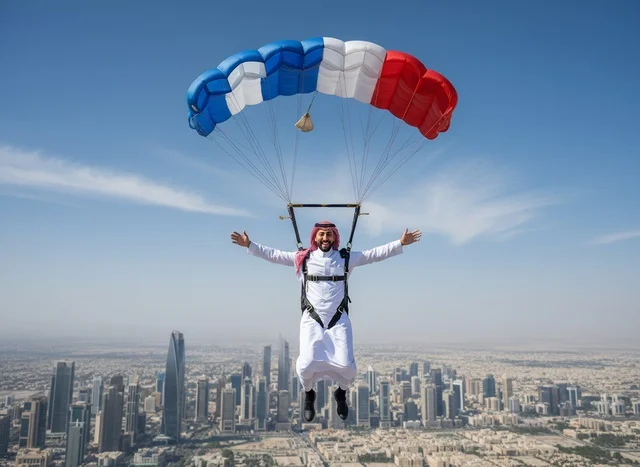 Saudi Man Skydiving Over Riyadh City Skyline Aerial View