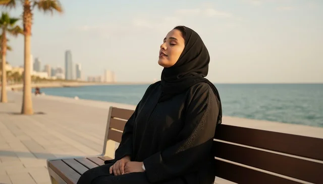 Arab Woman in Abaya Sitting on Seaside Bench at Sunset
