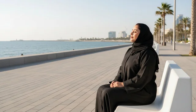 Emirati Woman in Black Abaya on Coastal Promenade