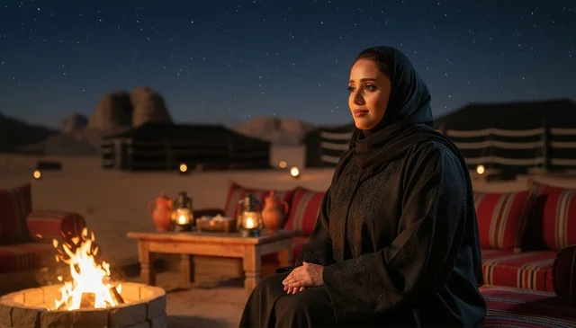 امرأة سعودية بالعباءة بجانب نار المخيم في الصحراء ليلاً