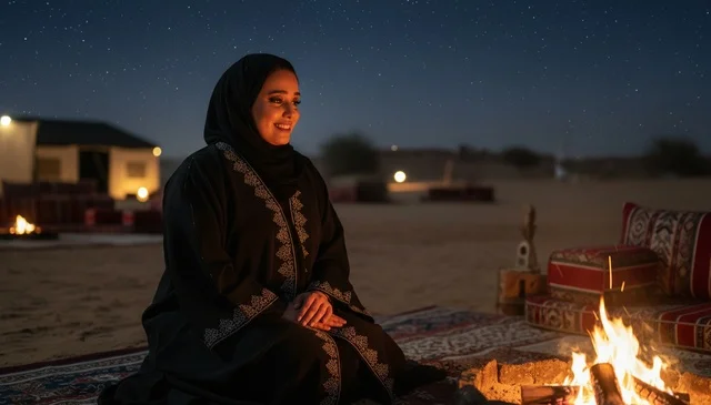 Saudi Woman at Desert Campfire Under Starry Night Sky