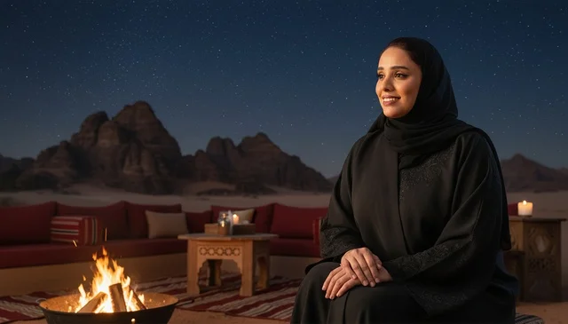 Saudi Woman in Abaya at Desert Camp Night