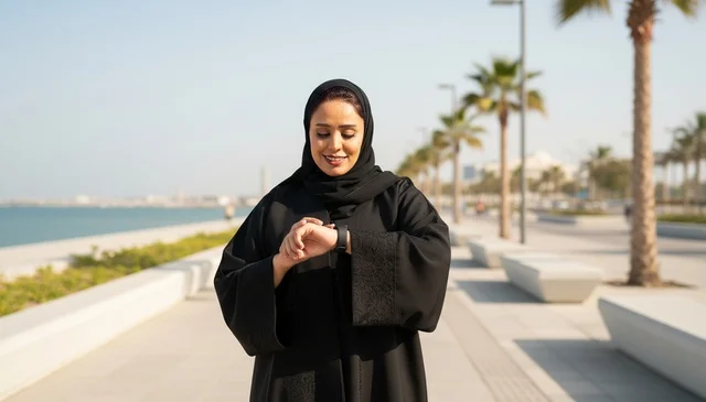 امرأة عربية بالعباءة تستخدم ساعة ذكية على ممشى ساحلي