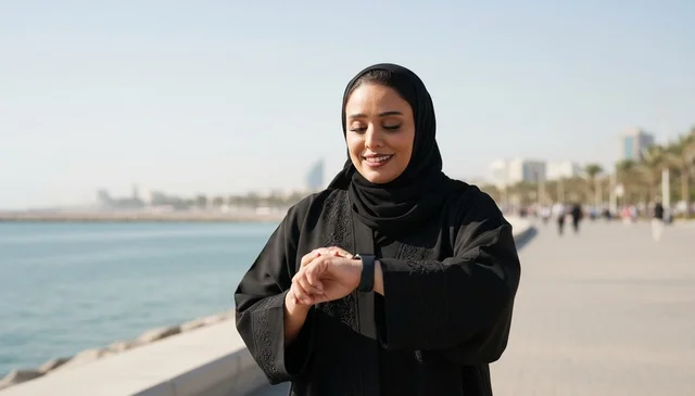 امرأة إماراتية تتفقد الساعة الذكية على كورنيش دبي