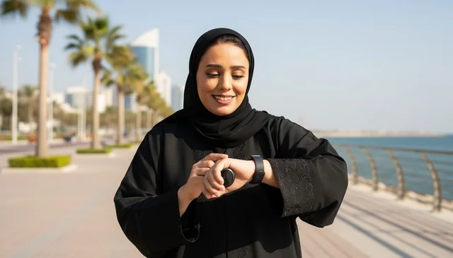 Emirati Woman with Smartwatch on Coastal Walkway