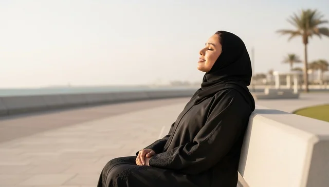 امرأة إماراتية بالعباءة تجلس على مقعد ساحلي