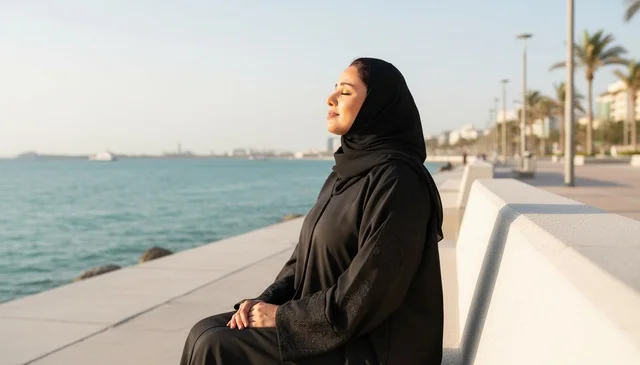 امرأة إماراتية بالعباءة تستجم على شاطئ البحر