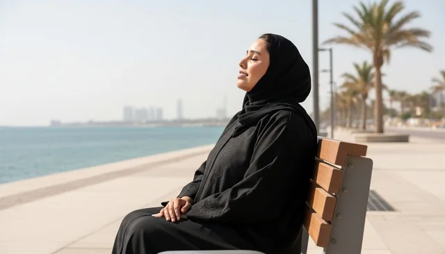 امرأة سعودية بالعباءة تجلس على مقعد ساحلي