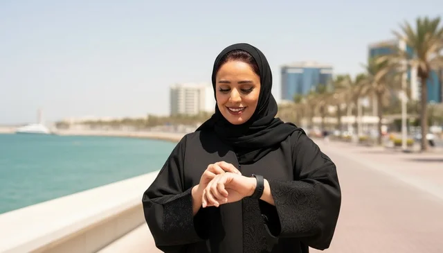 Emirati Woman in Abaya Using Smartwatch at Seaside