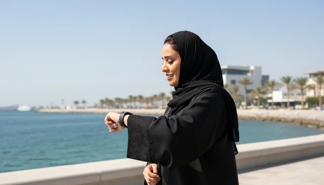 Saudi Woman in Abaya Checking Smartwatch at Waterfront