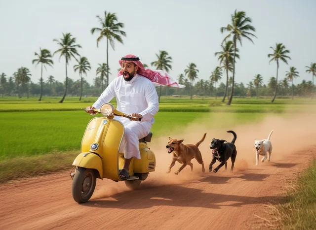رجل سعودي على دراجة نارية تطارده الكلاب في الريف