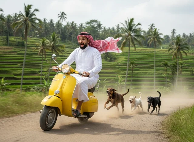 Saudi Man on Yellow Scooter Chased by Dogs in Tropics