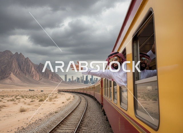 Saudi Man on Train Waving in Desert with City Skyline