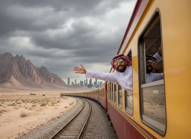 Saudi Man on Train Waving in Desert with City Skyline