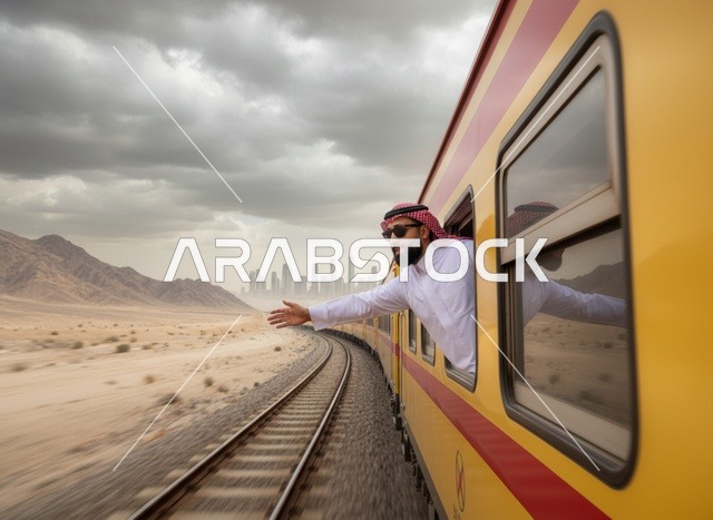 رجل سعودي في قطار عبر الصحراء مع أفق المدينة