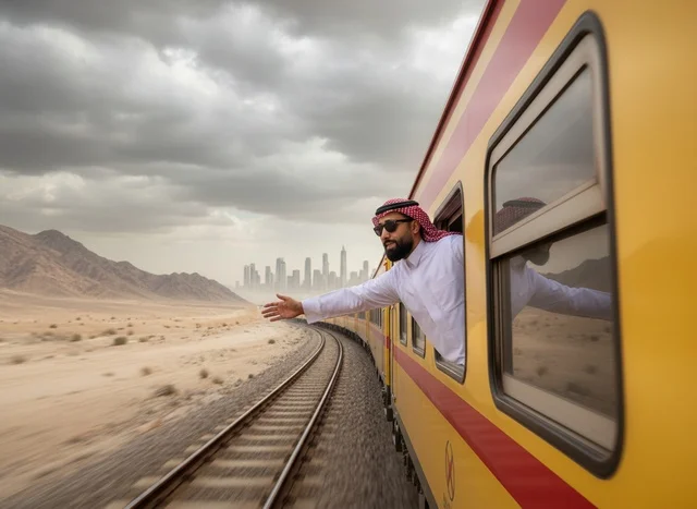 Saudi Man on Train in Desert with City Skyline