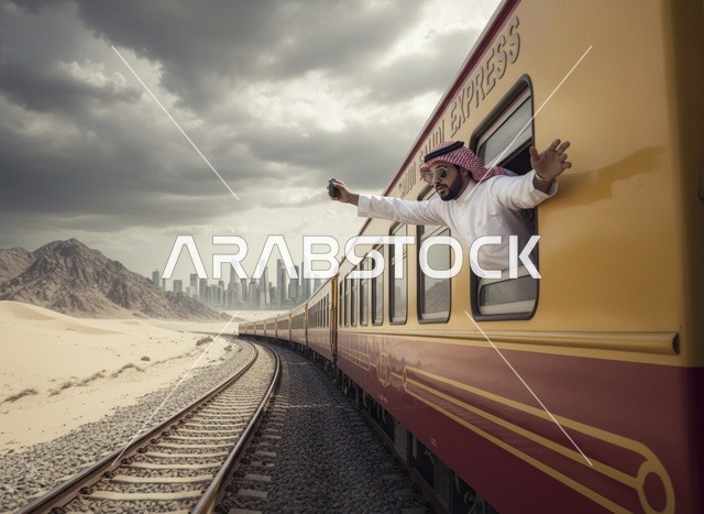 رجل سعودي بالثوب التقليدي في قطار الصحراء
