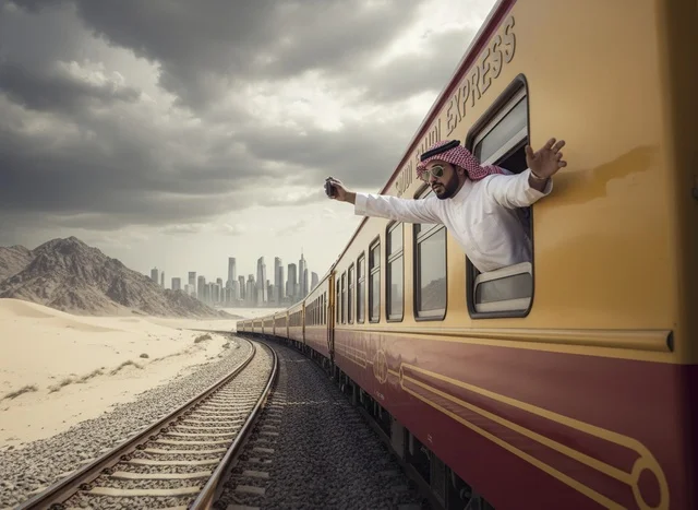Saudi Man in Traditional Thobe on Desert Train