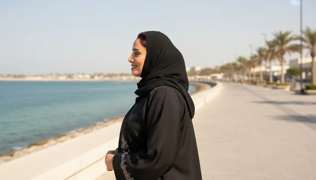 Saudi Woman in Black Abaya at Coastal Corniche