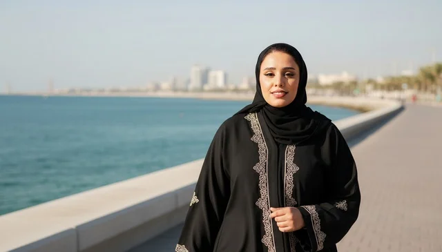 امرأة إماراتية تمشي على الكورنيش بالعباءة التقليدية