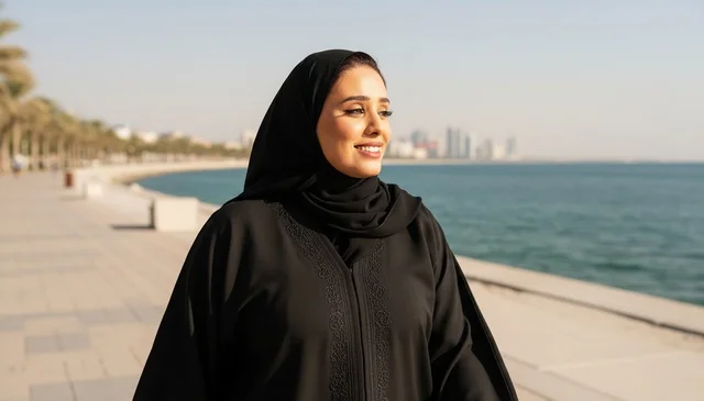 امرأة سعودية بالعباءة السوداء تمشي على الكورنيش البحري