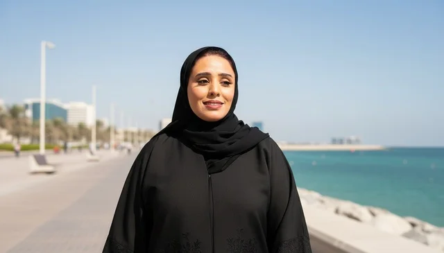 امرأة إماراتية تمشي على الكورنيش البحري في ضوء النهار