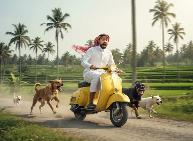 رجل سعودي على دراجة نارية تطارده الكلاب في الريف