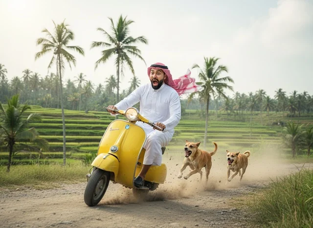 Saudi Man on Yellow Scooter Chased by Dogs Rural Landscape