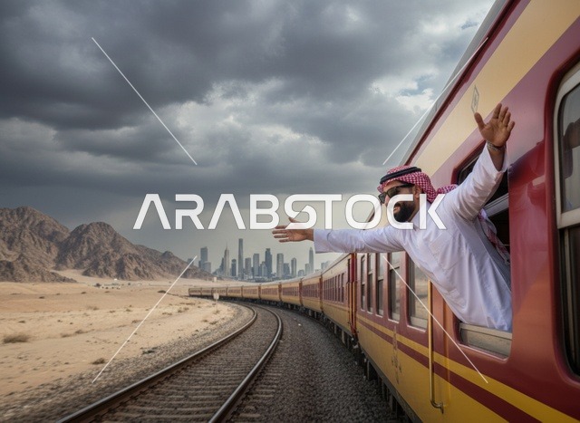 رجل سعودي يسافر بالقطار في الصحراء مع أفق المدينة