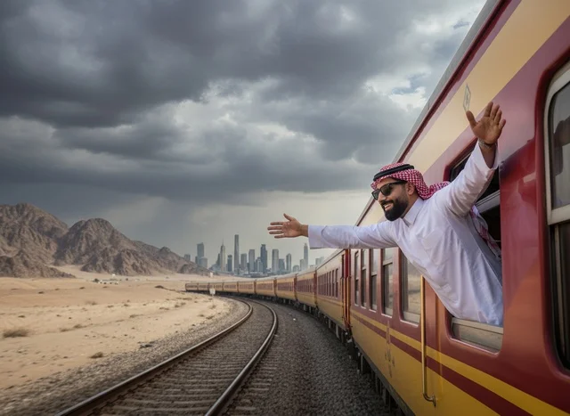 رجل سعودي يسافر بالقطار في الصحراء مع أفق المدينة