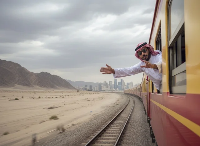 رجل سعودي بالزي التقليدي يسافر عبر القطار في الصحراء
