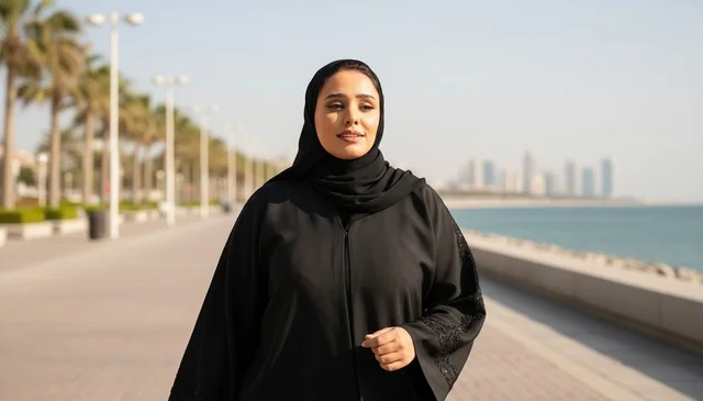 امرأة إماراتية بالعباءة السوداء تمشي على الكورنيش البحري