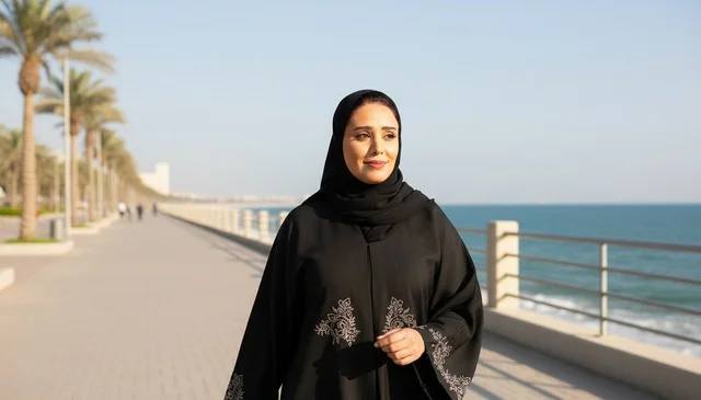امرأة إماراتية بعباءة سوداء تمشي على كورنيش البحر