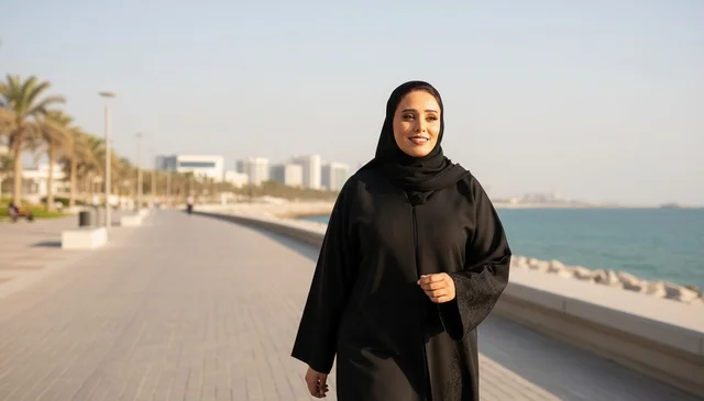 امرأة إماراتية بالعباءة السوداء تمشي على الكورنيش البحري
