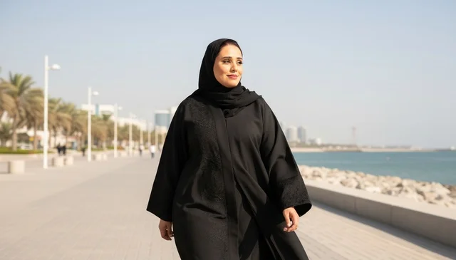 امرأة إماراتية بالعباءة السوداء تمشي على كورنيش الإمارات