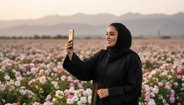 امرأة سعودية بالعباءة تستخدم الهاتف في حقل الورد