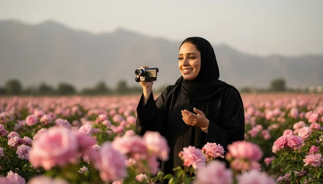 Saudi Woman Filming in Pink Rose Field at Sunset