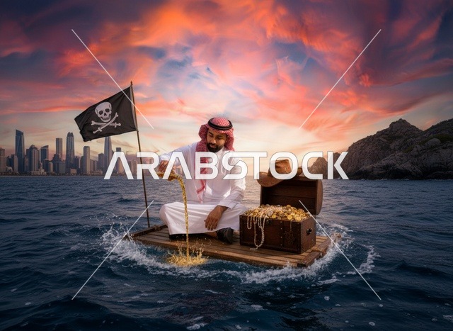 رجل سعودي مع كنز ذهبي على قارب وقت الغروب
