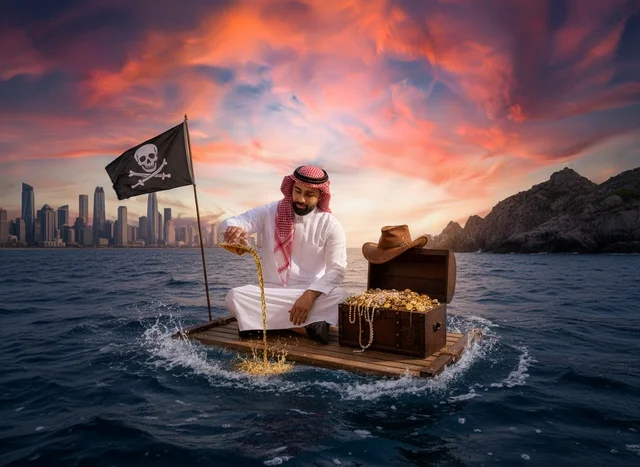 رجل سعودي مع كنز ذهبي على قارب وقت الغروب